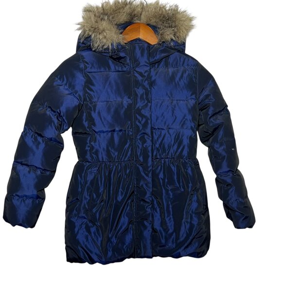 GAP Down Puffer Coat Parka Hooded Kids Blue Fur Trim Winter Quilted Sz 8 Medium - Picture 1 of 10